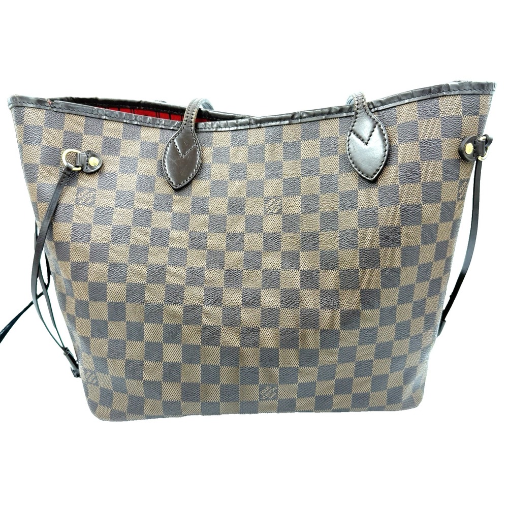 AUTHENTIC Louis Vuitton Neverfull MM Damier Ebene Tote Bag - Cherry Red Interior